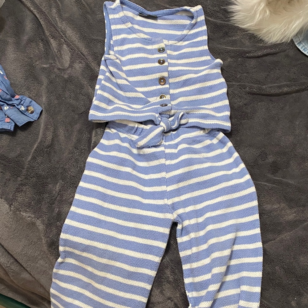 Vince Camuto Blue and White Striped Knit Jumpsuit Set